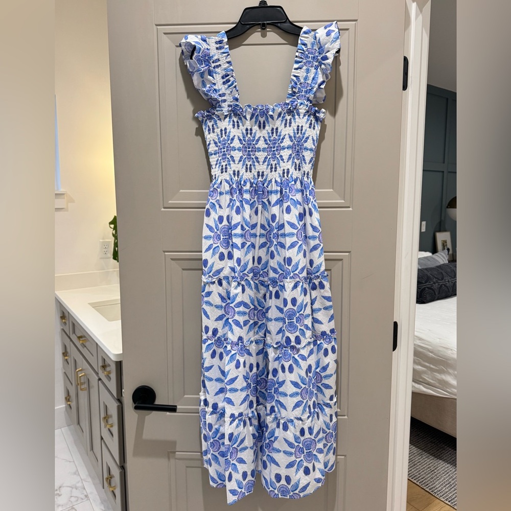 Hill House Ellie Nap Dress in Blue and White Shell Print